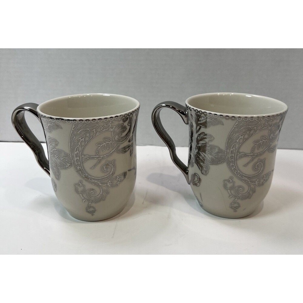 222 Fifth Adelaide Silver Electroplate Porcelain Coffee Mug Cup Floral Birds